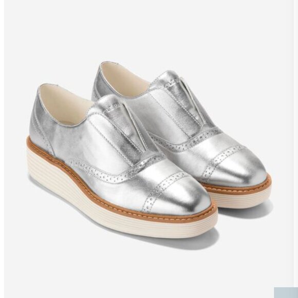 NIB Cole Haan Silver/Ivory Platform Slip-On Oxfords - Picture 1 of 4